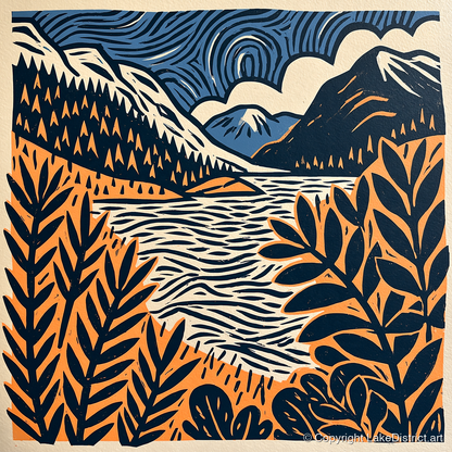 Navy and Terracotta Lake Dawn - lake district lake art print and canvas by Leon Baxter A.I