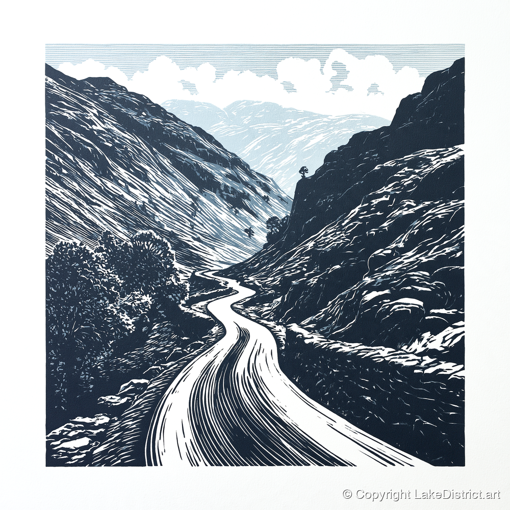 Navy Blue Hardknott Pass Road - lake district valley art print and canvas by Alfred Morland A.I
