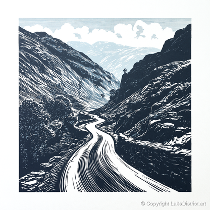 Navy Blue Hardknott Pass Road - lake district valley art print and canvas by Alfred Morland A.I