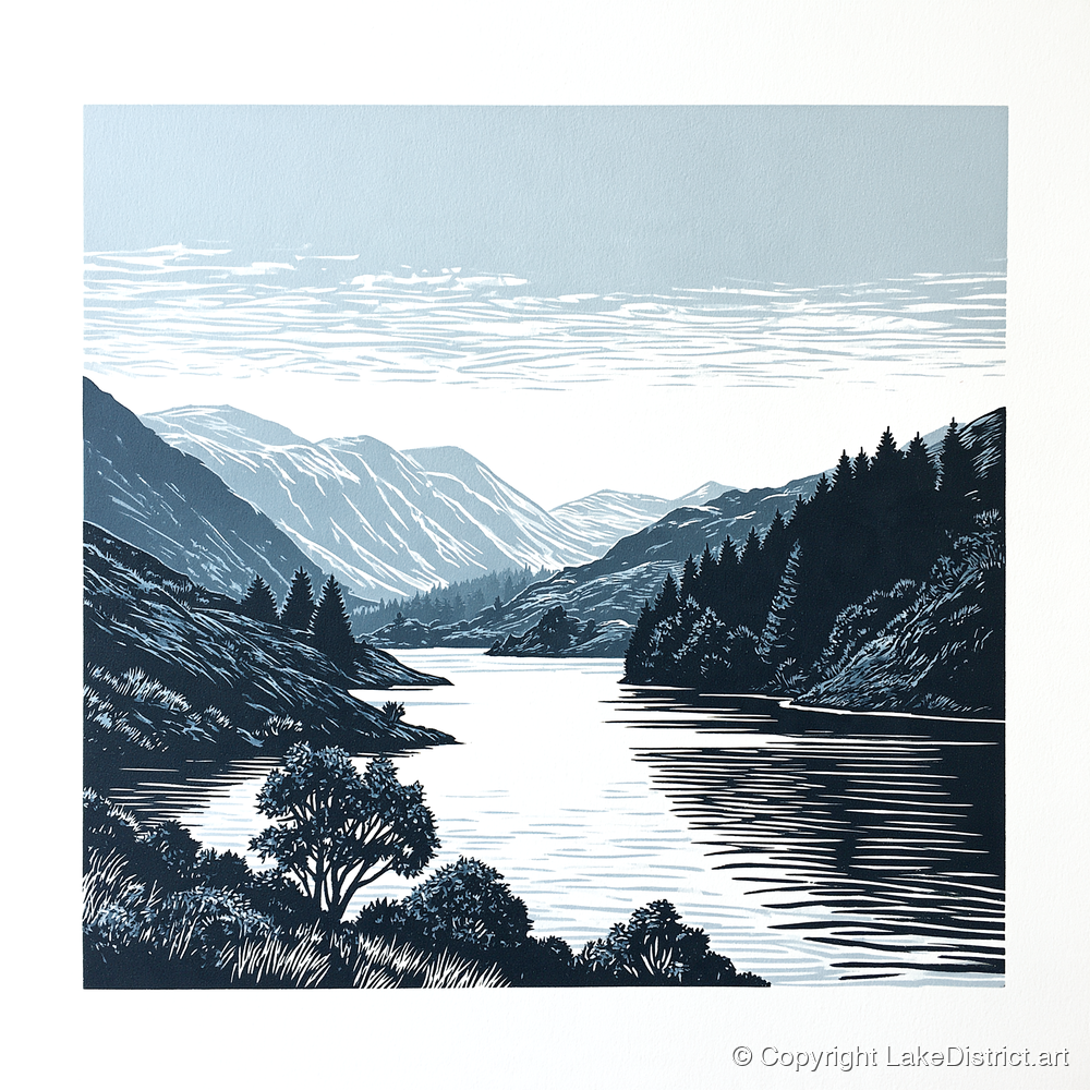 Navy Fells Over Slate Lake - lake district lake art print and canvas by Alfred Morland A.I