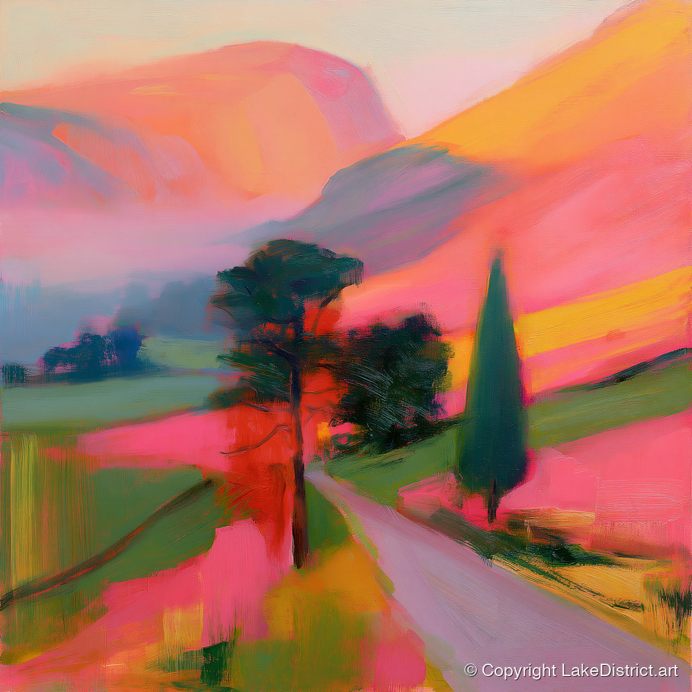 Neon Morning Valley Mist - lake district sky art print and canvas by Rosalind Pierce A.I