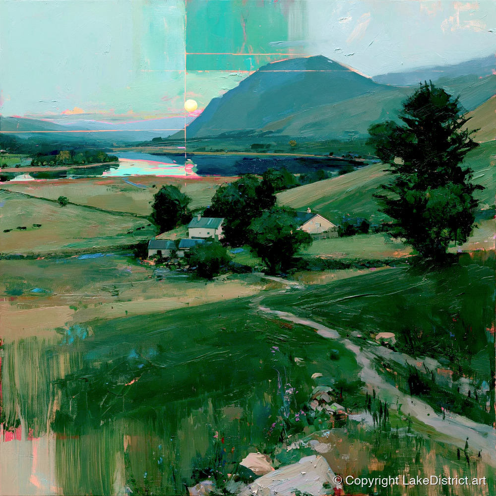 Neon Sunrise Over Lakeland Valley - lake district lake art print and canvas by Quentin Hart A.I