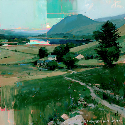 Neon Sunrise Over Lakeland Valley - lake district lake art print and canvas by Quentin Hart A.I