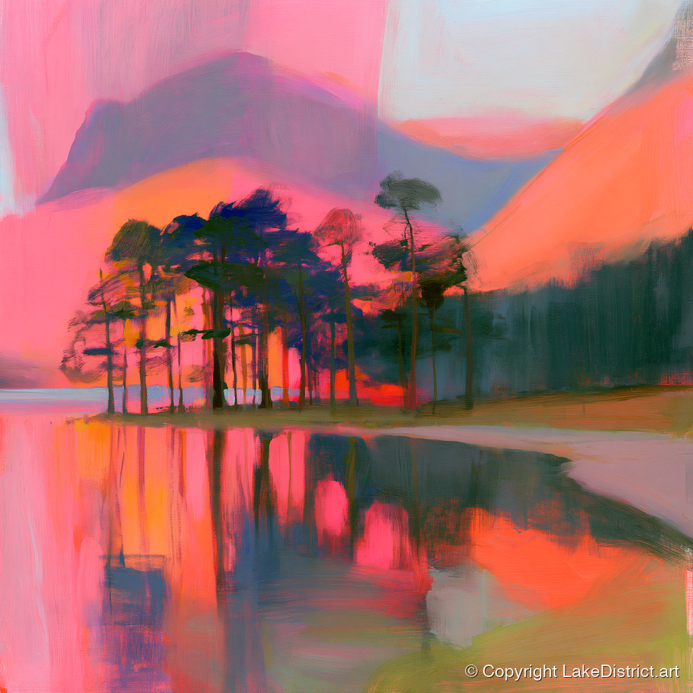 Neon Sunset Over Buttermere Pines - lake district lake art print and canvas by Rosalind Pierce A.I