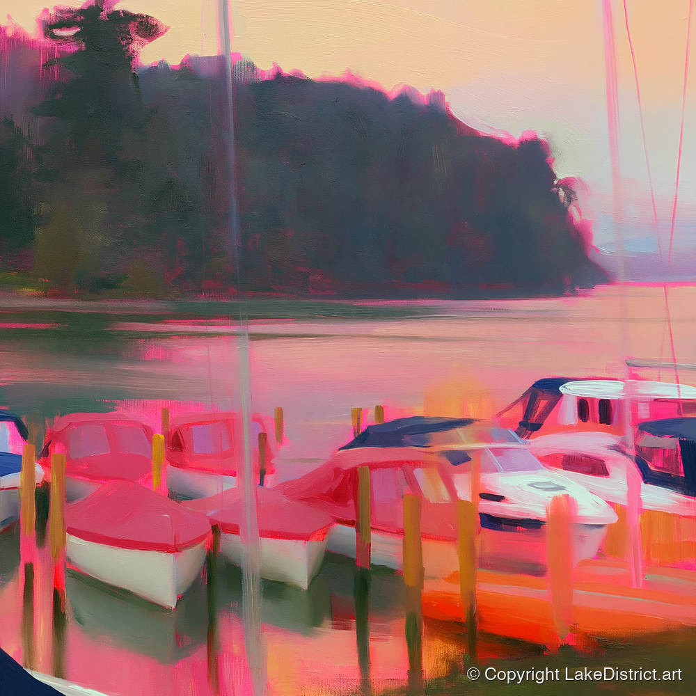 Neon Sunset Over Windermere Boats - lake district lake art print and canvas by Rosalind Pierce A.I
