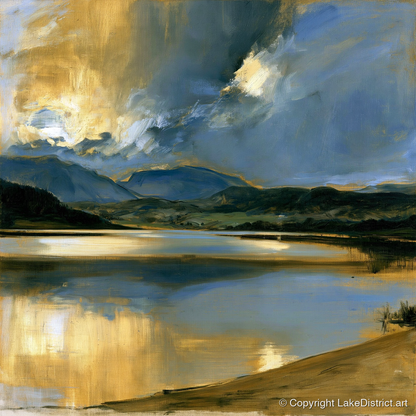 Ochre Dawn Over Still Lake - lake district lake art print and canvas by Samuel Pembroke A.I