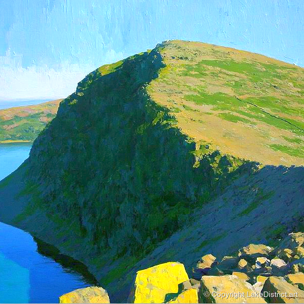 Old Man of Coniston Sunlit Ridge - lake district fell art print and canvas by Daphne Morley A.I