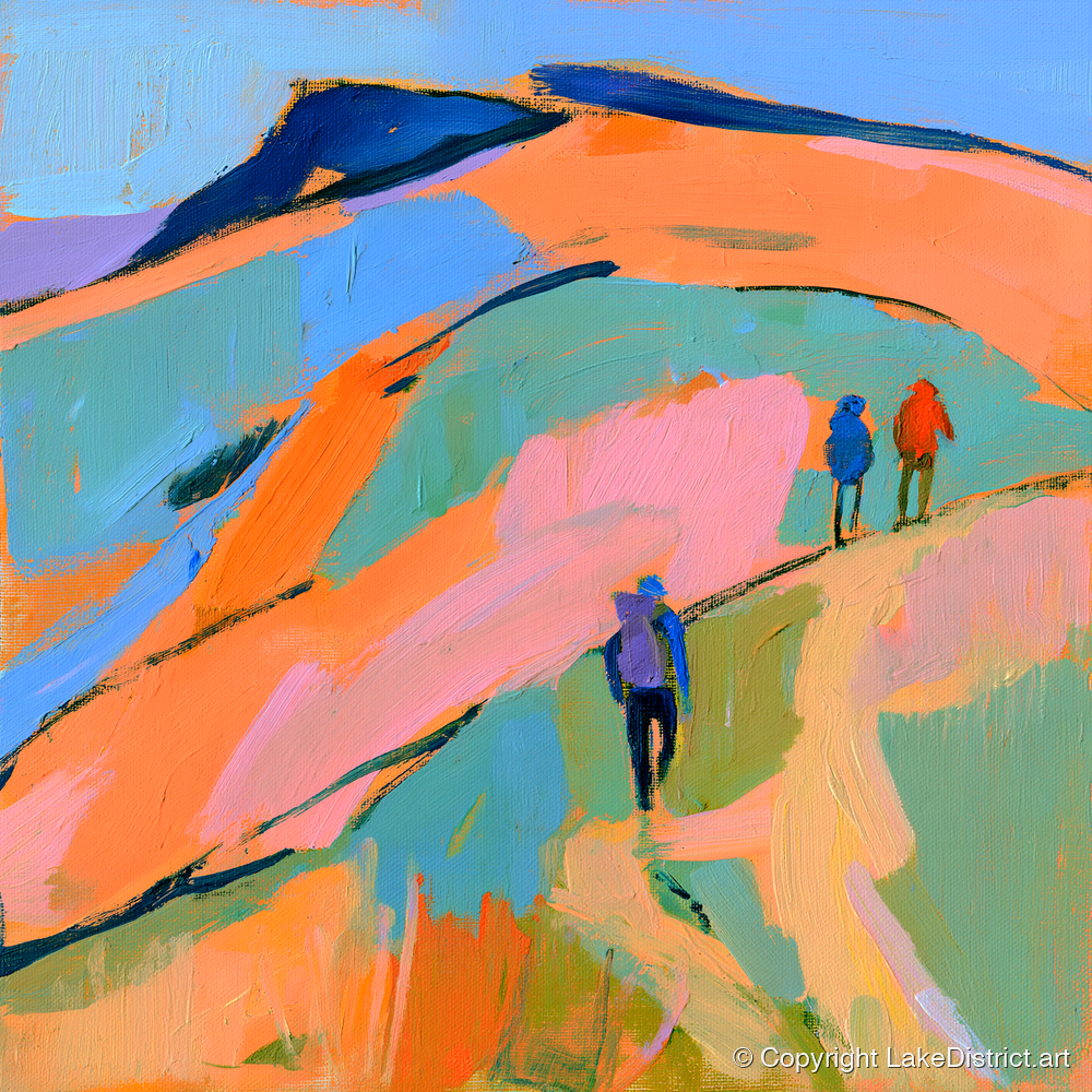 Orange and Blue Fell Hikers - lake district fell art print and canvas by Simon Prescott A.I