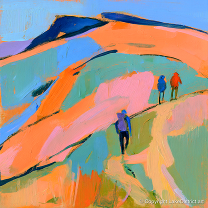 Orange and Blue Fell Hikers - lake district fell art print and canvas by Simon Prescott A.I
