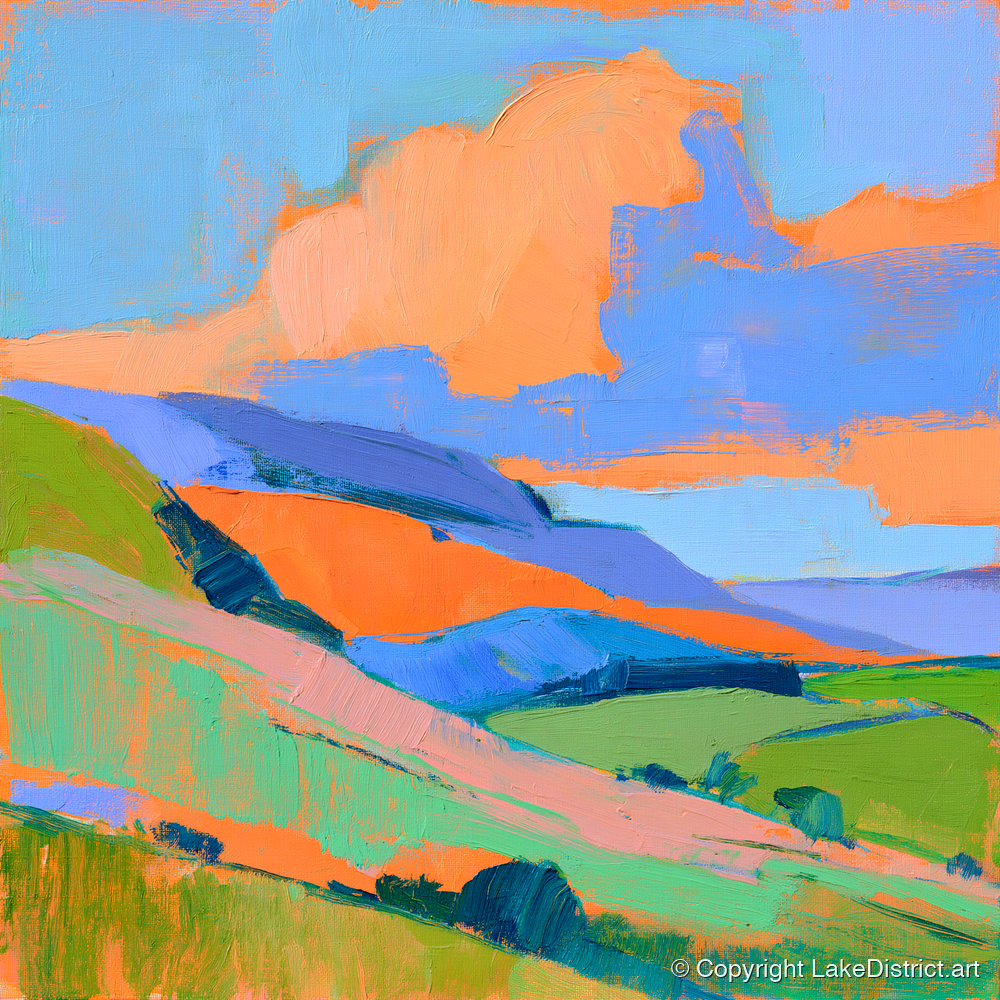 Orange Clouds Over Rolling Fells - lake district fell art print and canvas by Simon Prescott A.I