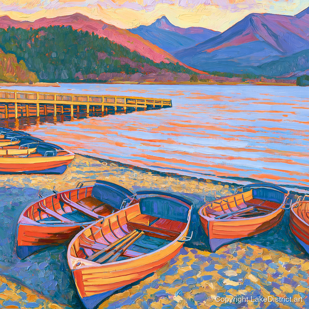 Orange Rowing Boats on Windermere - lake district lake art print and canvas by Celia Harding A.I