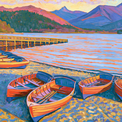 Orange Rowing Boats on Windermere - lake district lake art print and canvas by Celia Harding A.I