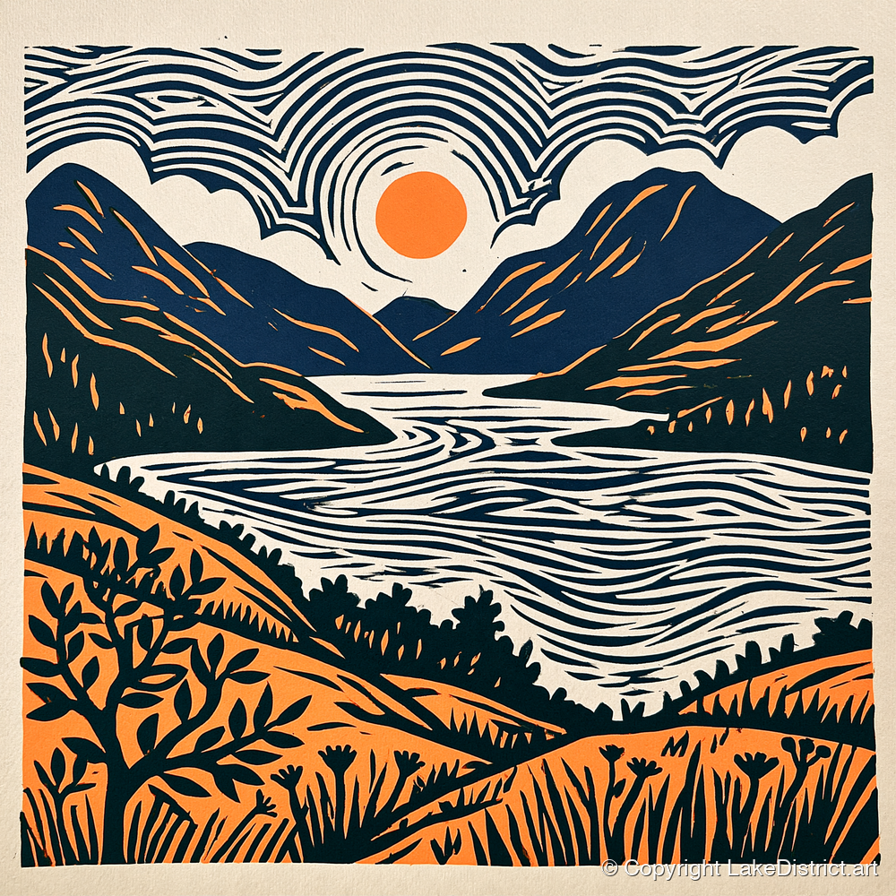 Orange Sun Over Ennerdale Water - lake district valley art print and canvas by Leon Baxter A.I