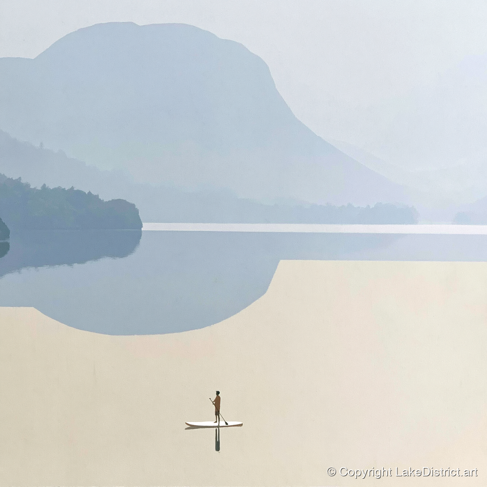 Paddleboarding Under Misty Blue Fells - lake district walking art print and canvas by Phillip Marbury A.I