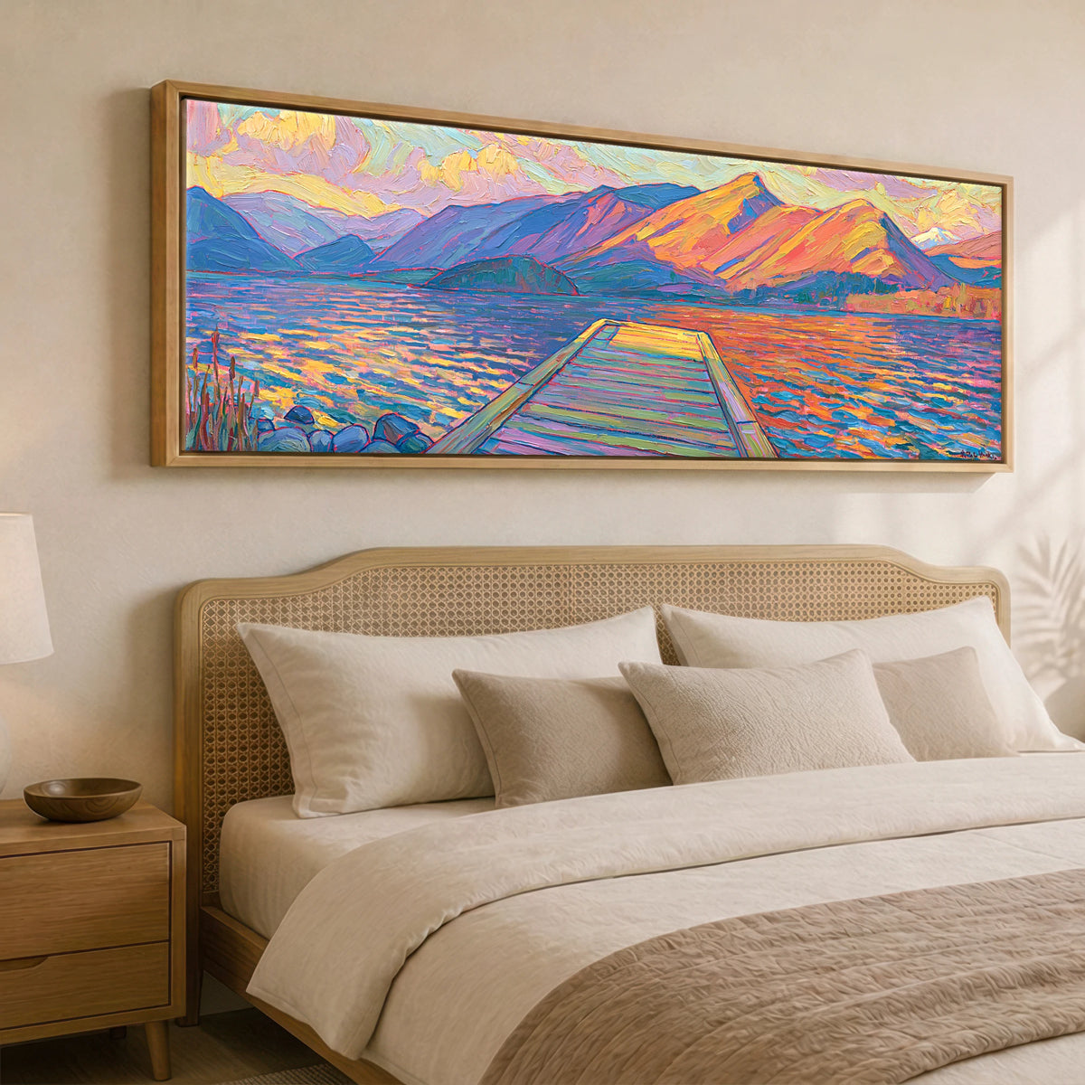 Golden Light over the Lakeside Jetty Lake District Lake panoramic canvas wall art displayed above a bed