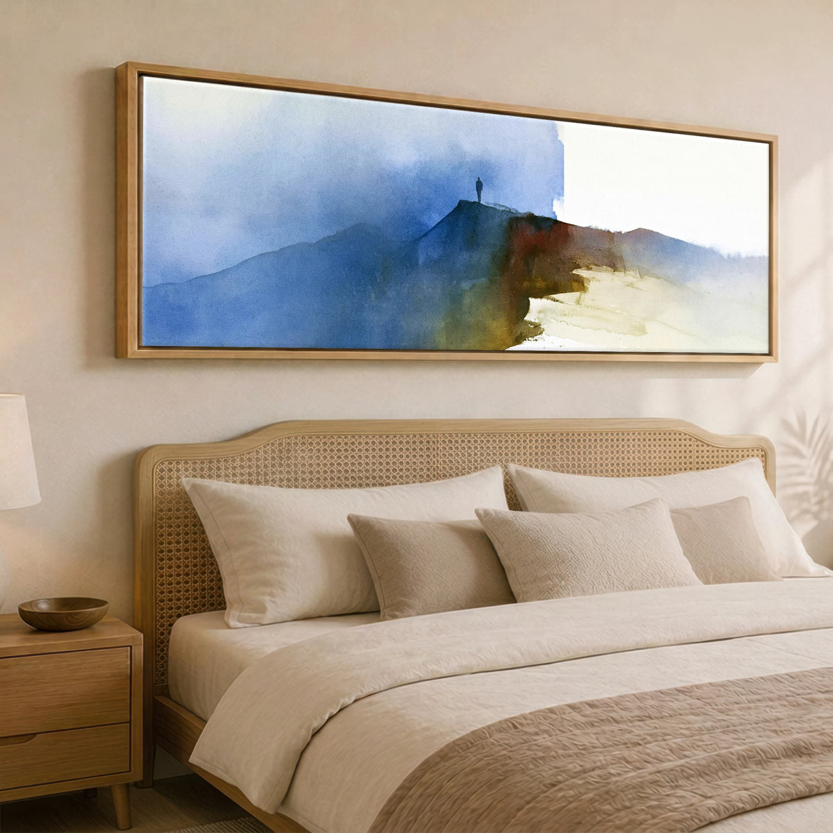 Striding Edge Helvellyn in Indigo Light Lake District Walking panoramic canvas wall art displayed above a bed