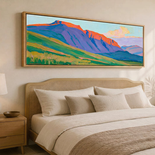 Vibrant Scafell Pike Ridge Lake District Fell panoramic canvas wall art displayed above a bed