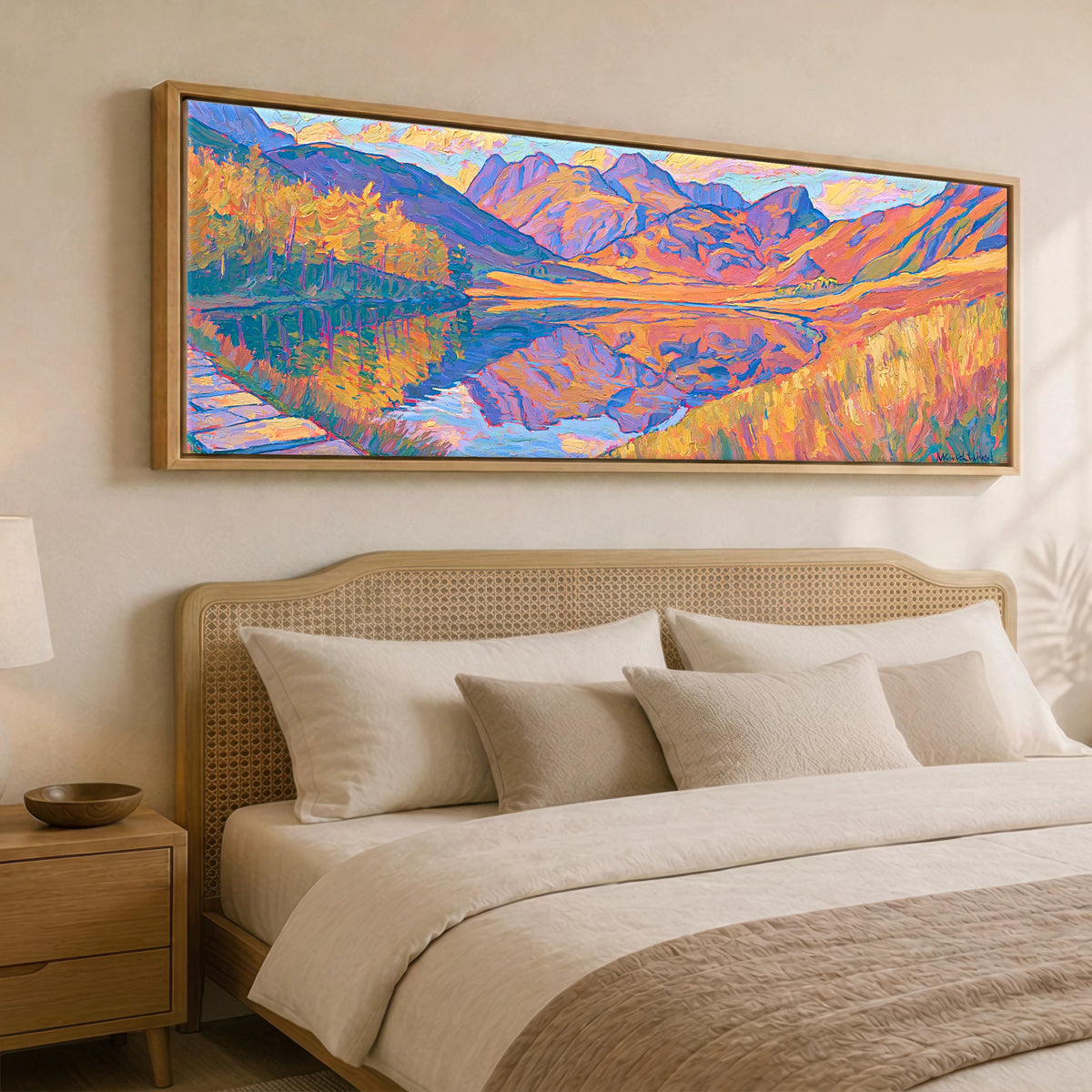 Amber Light Over Blea Tarn Lake District Lake panoramic canvas wall art displayed above a bed
