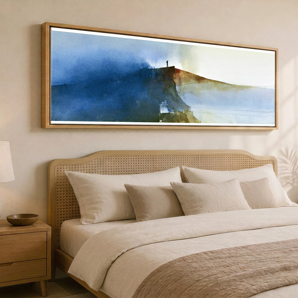 Striding Edge Walker in Indigo Lake District Walking panoramic canvas wall art displayed above a bed
