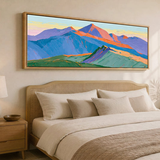 Scafell Pike in Vivid Light Lake District Fell panoramic canvas wall art displayed above a bed