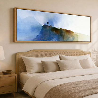 Striding Edge Helvellyn in Blue Mist Lake District Walking panoramic canvas wall art displayed above a bed