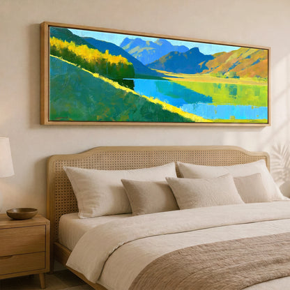 Sunlight and Blue Shadows over Buttermere Lake District Lake panoramic canvas wall art displayed above a bed