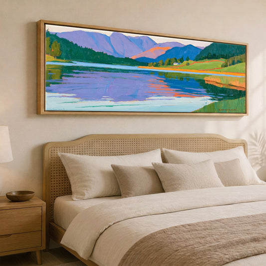 Grasmere Lake in Vibrant Hues Lake District Lake panoramic canvas wall art displayed above a bed