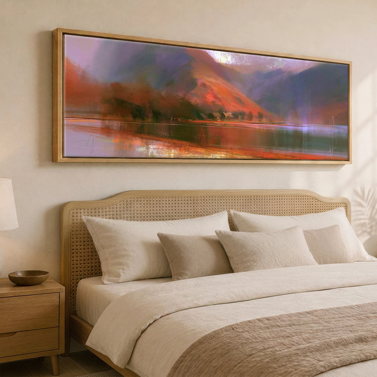 Fleetwith Pike in Warm Light Lake District Lake panoramic canvas wall art displayed above a bed
