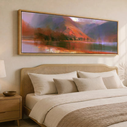 Fleetwith Pike in Warm Light Lake District Lake panoramic canvas wall art displayed above a bed