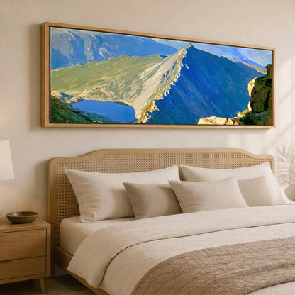 Sunlit Striding Edge Helvellyn Lake District Walking panoramic canvas wall art displayed above a bed