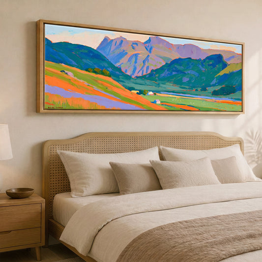 Great Langdale in Bold Colour Lake District Valley panoramic canvas wall art displayed above a bed
