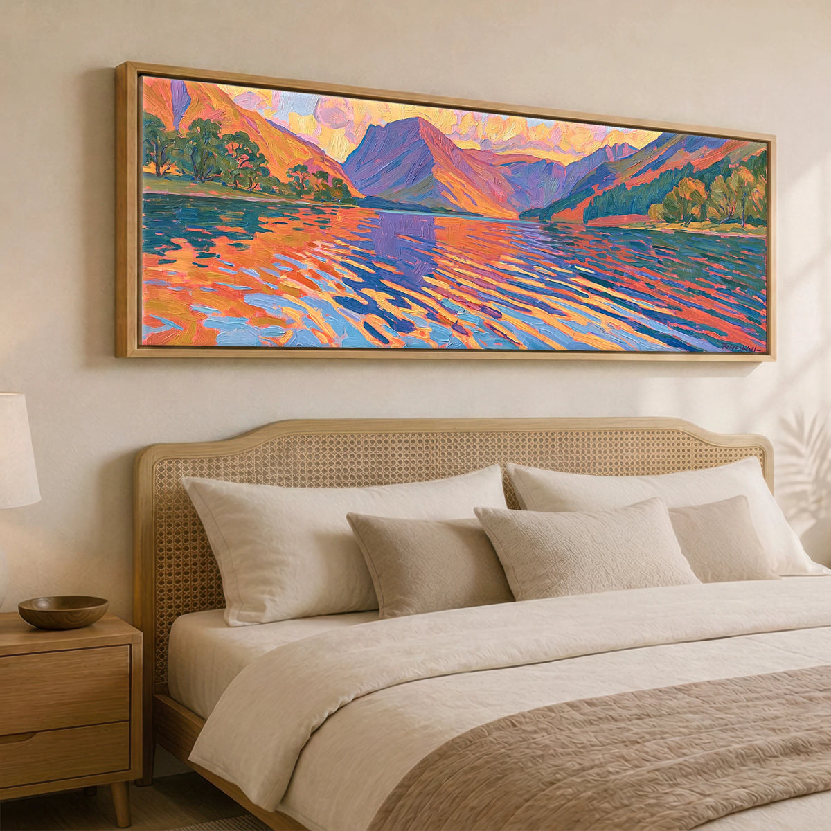 Sunset Glow over Wastwater Fells Lake District Lake panoramic canvas wall art displayed above a bed