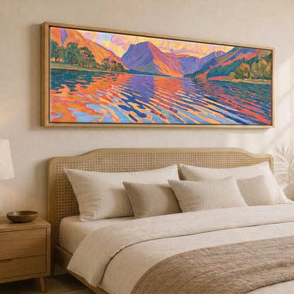Sunset Glow over Wastwater Fells Lake District Lake panoramic canvas wall art displayed above a bed
