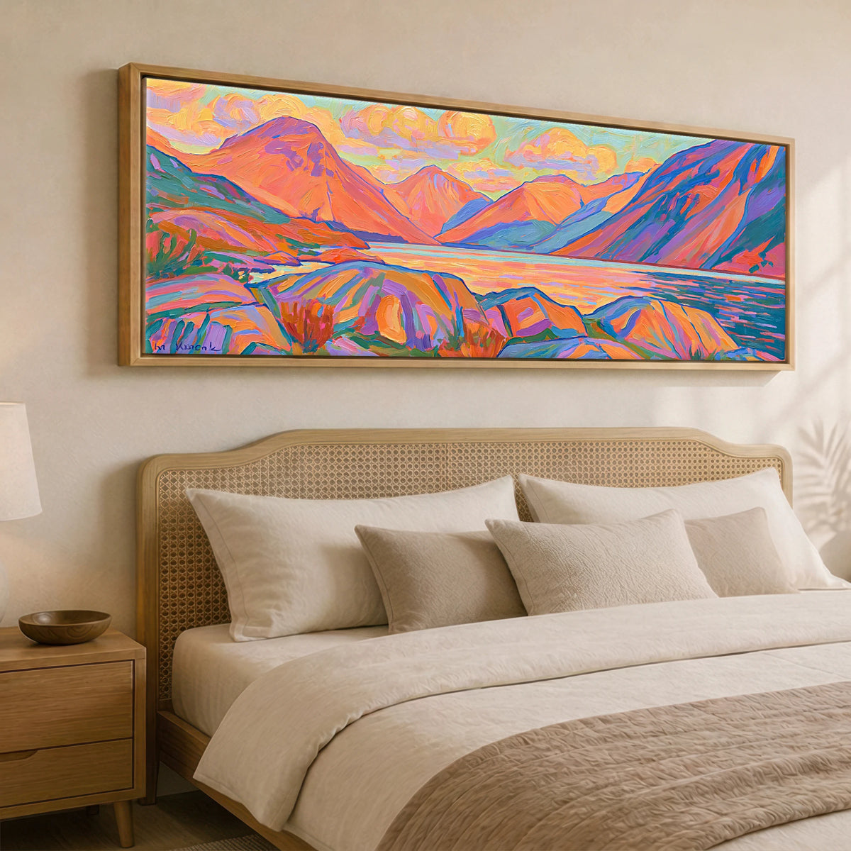 Sunset Radiance Over Wasdale Head Lake District Lake panoramic canvas wall art displayed above a bed