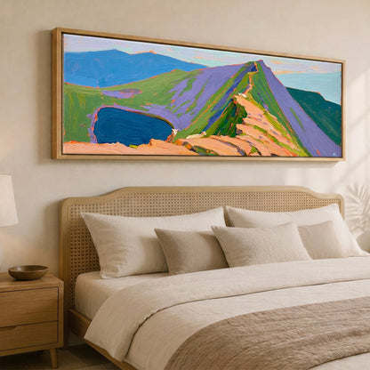 Vivid Striding Edge to Helvellyn Lake District Walking panoramic canvas wall art displayed above a bed