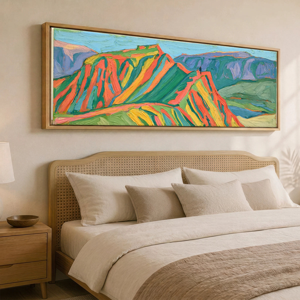 Vivid Striding Edge Helvellyn Lake District Walking panoramic canvas wall art displayed above a bed