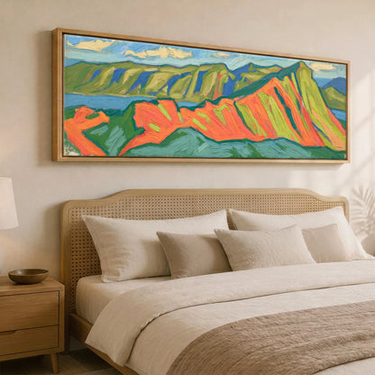 Vibrant Striding Edge Ridge Lake District Walking panoramic canvas wall art displayed above a bed