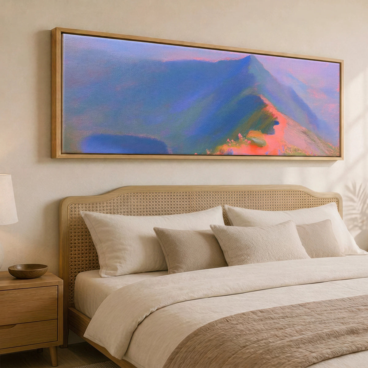 Striding Edge in Pink Twilight Lake District Walking panoramic canvas wall art displayed above a bed
