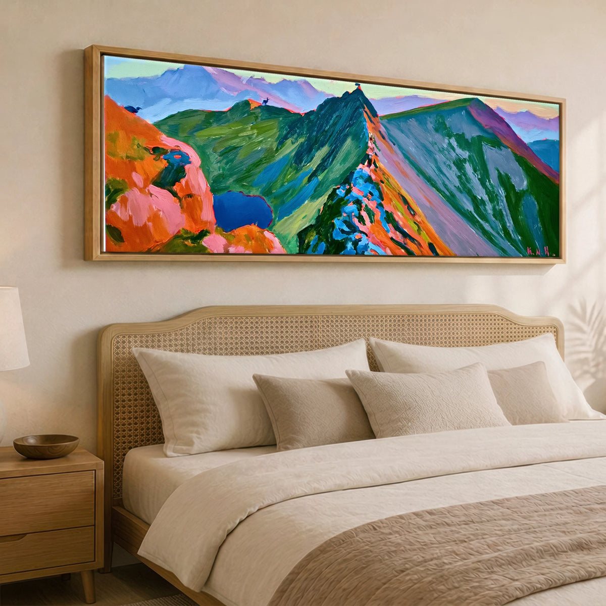 Vivid Striding Edge on Helvellyn Lake District Walking panoramic canvas wall art displayed above a bed