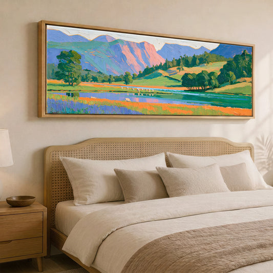 Borrowdale Valley in Radiant Colour Lake District Valley panoramic canvas wall art displayed above a bed