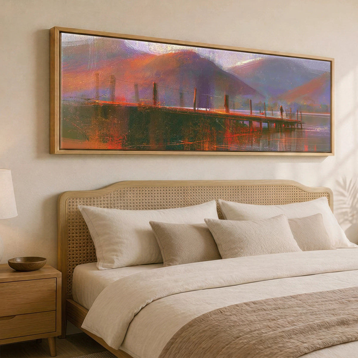 Derwentwater Jetty in Violet and Russet Lake District Lake panoramic canvas wall art displayed above a bed