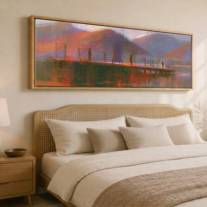 Derwentwater Jetty in Violet and Russet Lake District Lake panoramic canvas wall art displayed above a bed