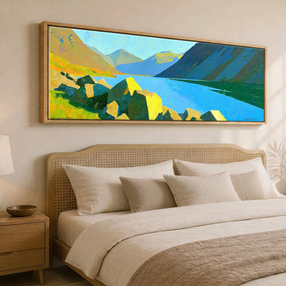 Wastwater Boulders and Sunlit Fells Lake District Lake panoramic canvas wall art displayed above a bed