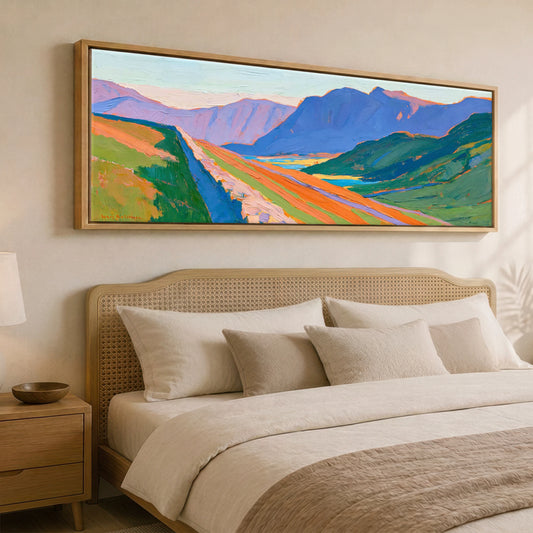 Vibrant Valley and Drystone Wall Lake District Valley panoramic canvas wall art displayed above a bed