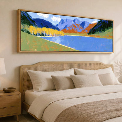 Bold Autumn Colours at Blea Tarn Lake District Lake panoramic canvas wall art displayed above a bed
