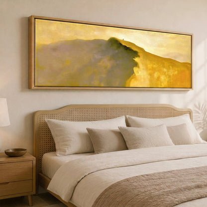 Striding Edge Walker in Golden Light Lake District Walking panoramic canvas wall art displayed above a bed