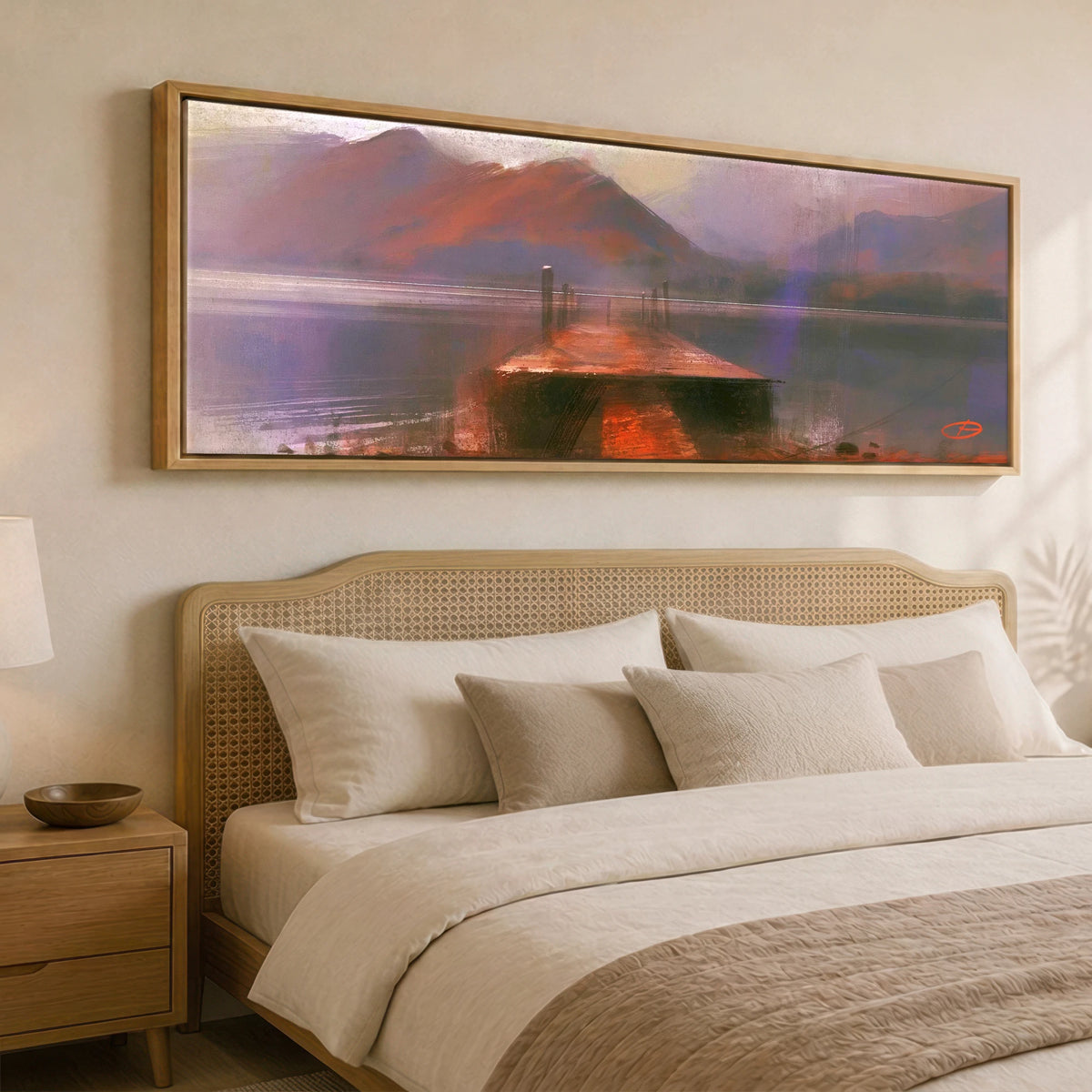 Derwentwater Jetty in Violet Haze Lake District Lake panoramic canvas wall art displayed above a bed