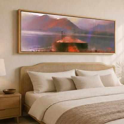 Derwentwater Jetty in Violet Haze Lake District Lake panoramic canvas wall art displayed above a bed