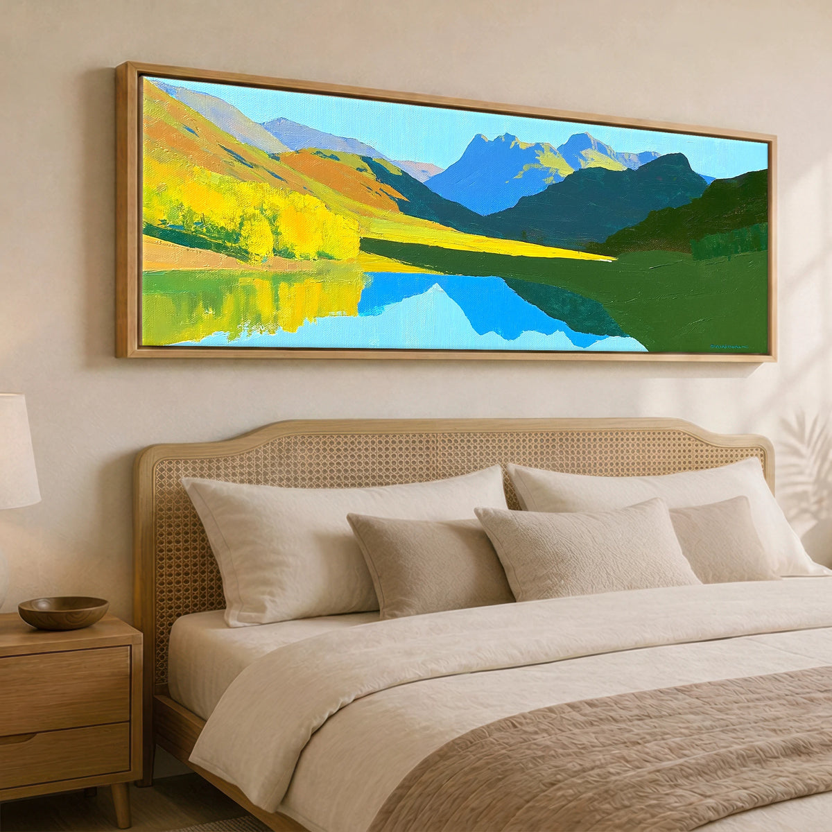 Luminous Fells and Azure Reflections Lake District Lake panoramic canvas wall art displayed above a bed