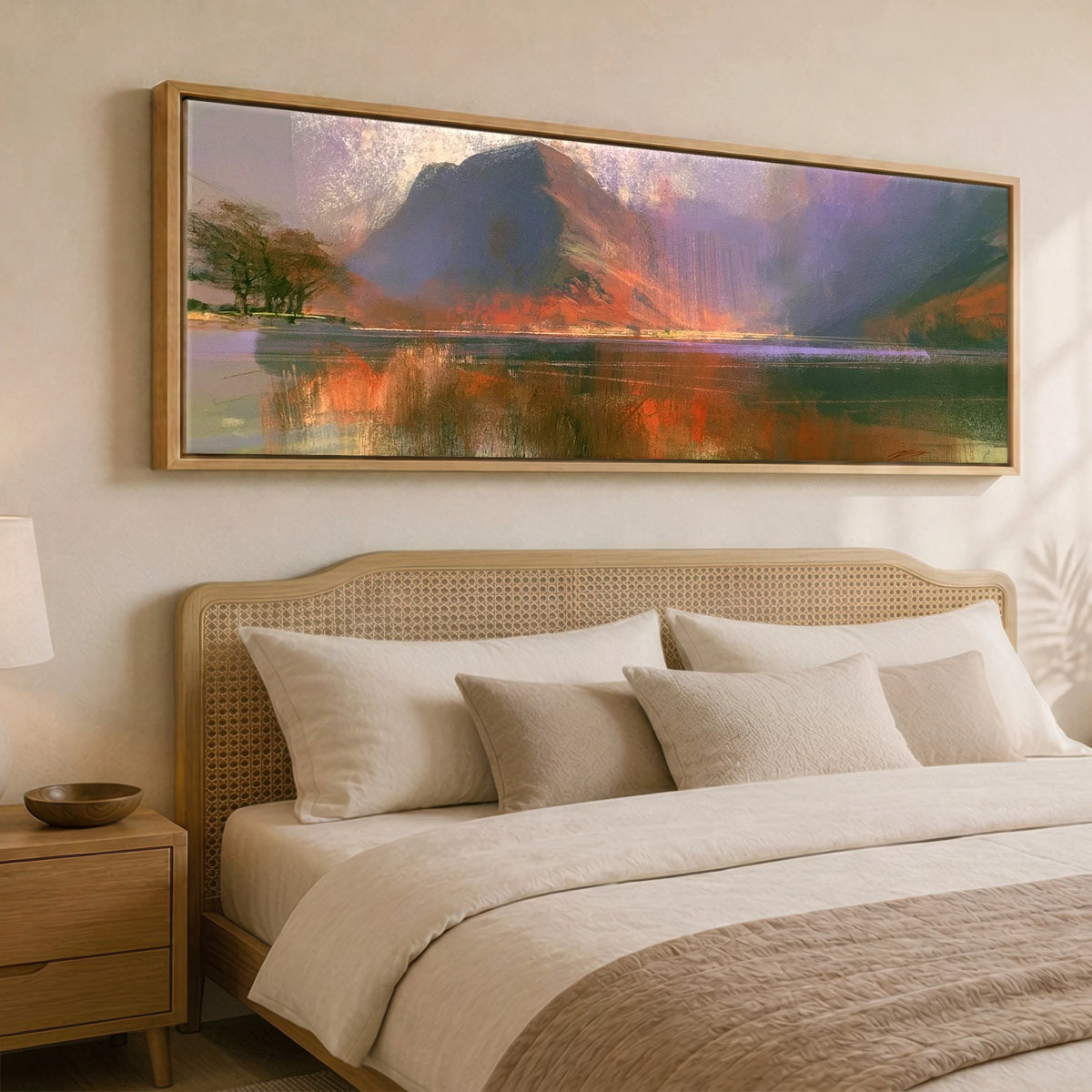 Violet Fells Above Buttermere Lake District Lake panoramic canvas wall art displayed above a bed
